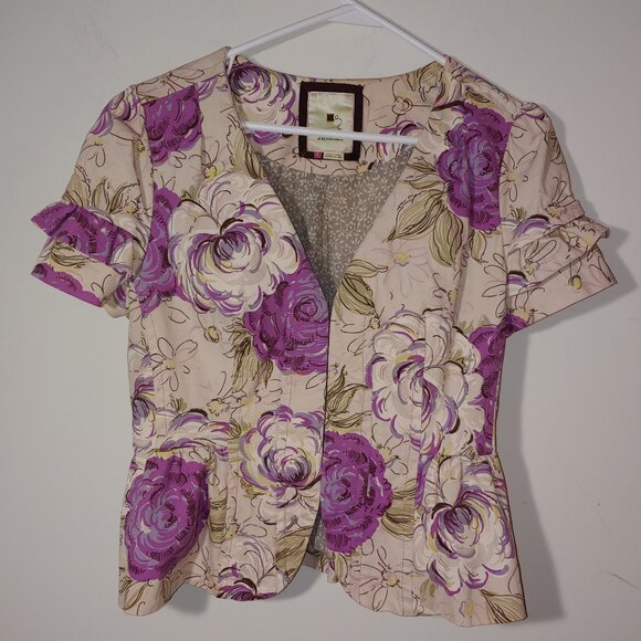 Anthropologie Elevenses Floral Peplum Short Sleeves Blazer Jacket Sz 8 Cream - Picture 1 of 9